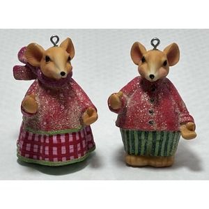 Set of 2 Beth Yarbrough Holiday Christmas Mice Ornaments